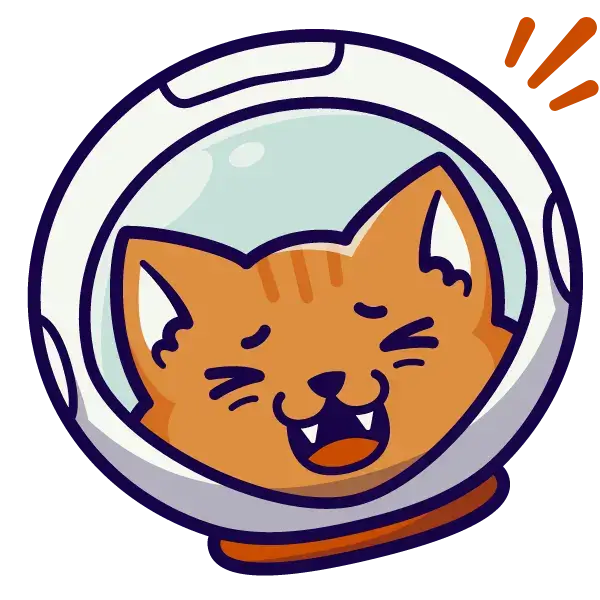 Petit chat habillé en astronaute qui rit la bouche ouverte